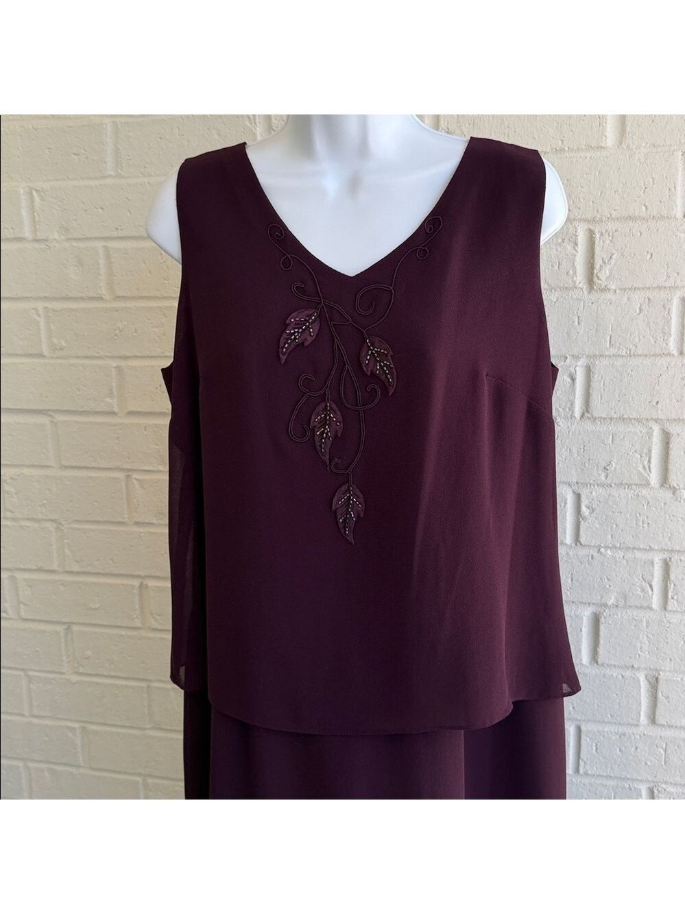 R&M Richards Eggplant Purple floor length Dress with Beaded Leaf Embellishment